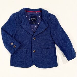 Mayoral Blue Herringbone Blazer Boys 12M Dress Jacket Tweed Embroidered Dog Coat